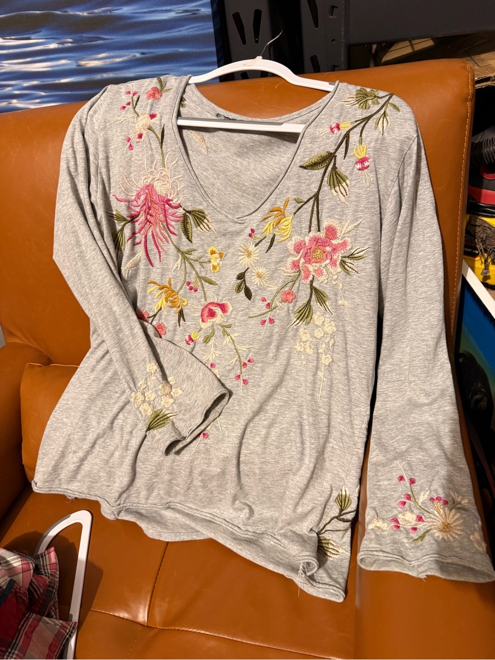 Johnny Was Gray Long Sleeve V-Neck Top with Pink & Yellow Floral Embroidery